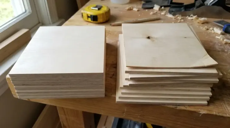 Two stacks of pale ivory basswood sheets side by side on a workbench: a neat uniform laser-grade stack and a slightly uneven visibly varied craft-store stack in natural daylight