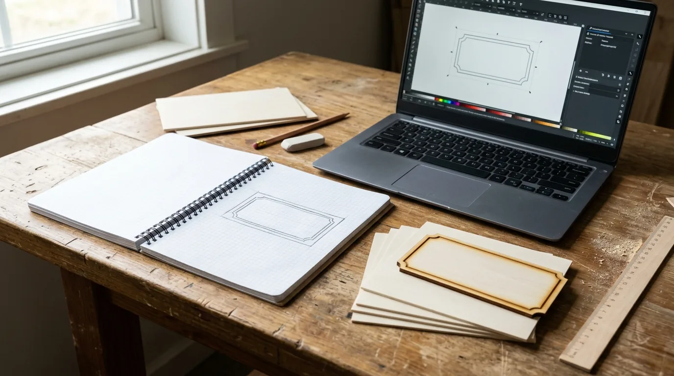 Maker sketching a laser-cut wood ornament design by hand in a notebook at a workbench before cutting