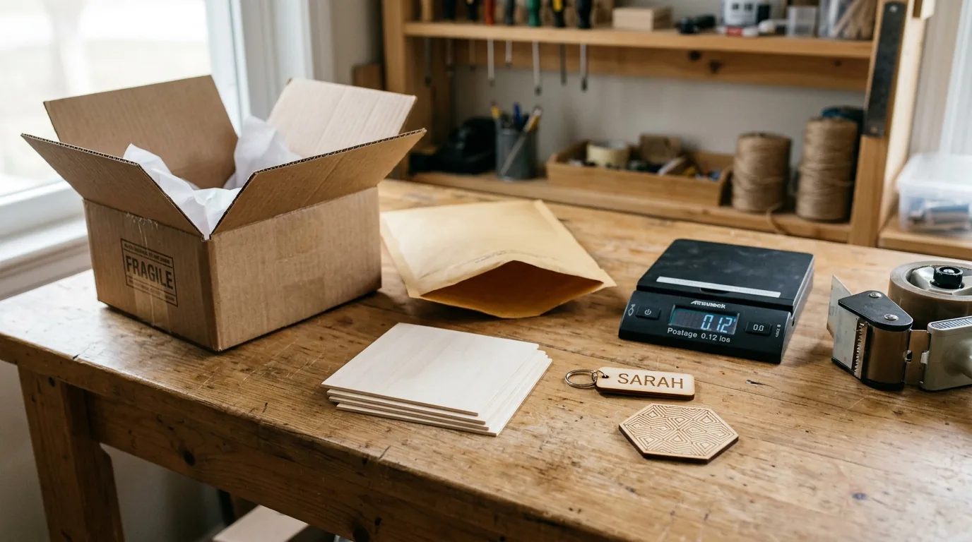 Etsy shipping boxes and padded envelopes next to a stack of pale basswood sheets ready to package