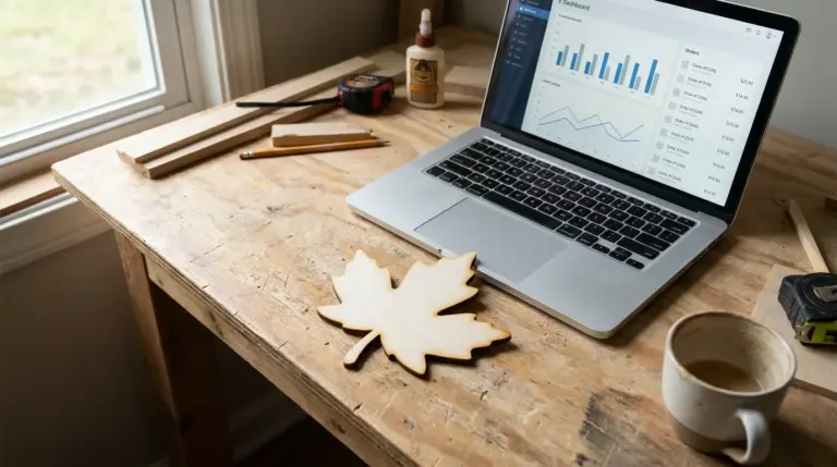 Laser cut basswood ornament sitting next to a laptop showing an Etsy shop sales dashboard on a workshop desk