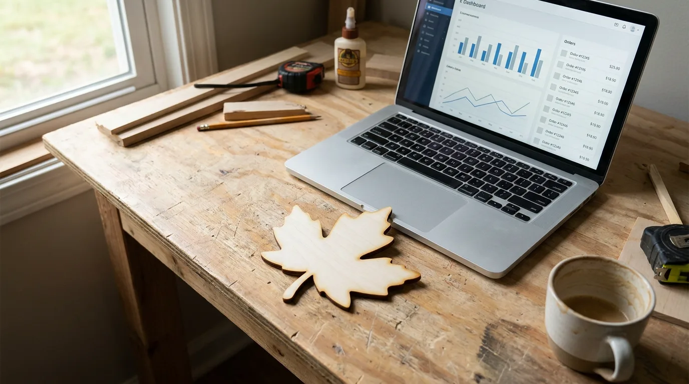 Laser cut basswood ornament sitting next to a laptop showing an Etsy shop sales dashboard on a workshop desk