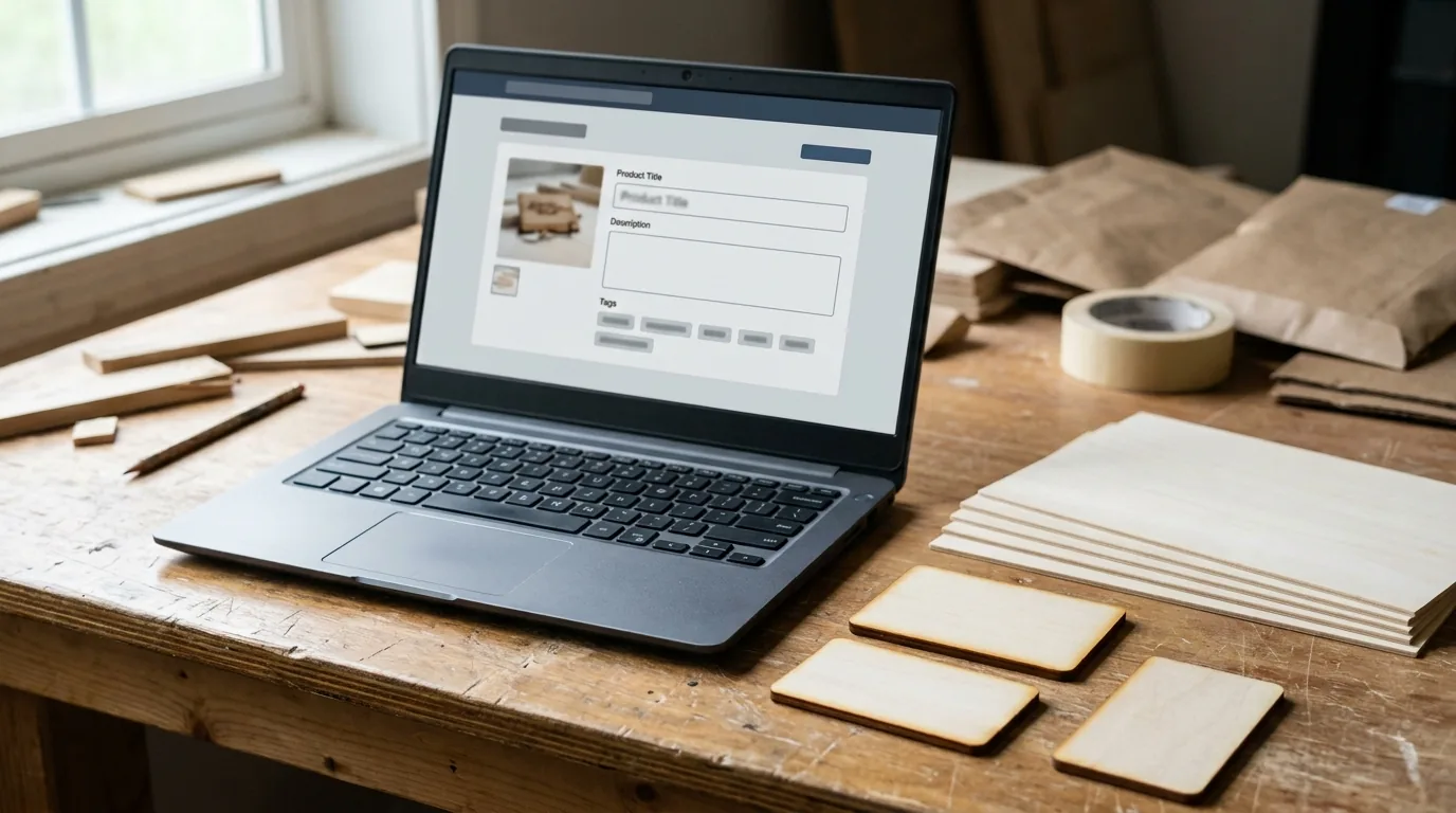 An Etsy listing page being edited on a laptop with laser-cut basswood products nearby