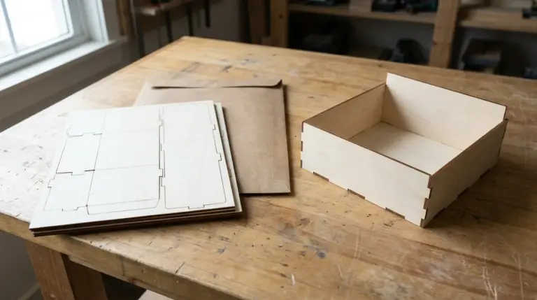 Laser-cut basswood organizer shown folded flat and partially assembled next to a small padded shipping envelope on workshop table