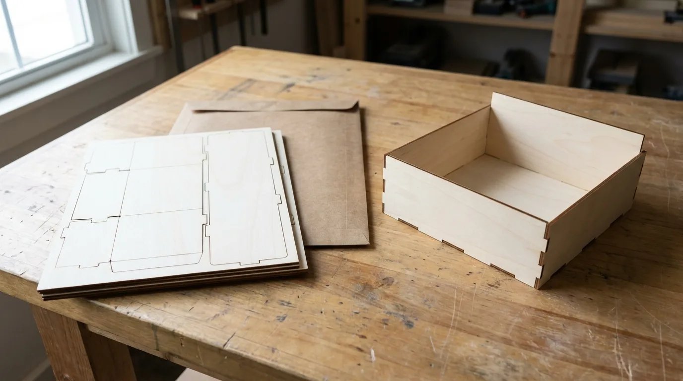 Laser-cut basswood organizer shown folded flat and partially assembled next to a small padded shipping envelope on workshop table