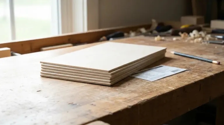 Small stack of pale basswood sheets beside plywood packaging labels and a material spec sheet on a workbench in natural daylight