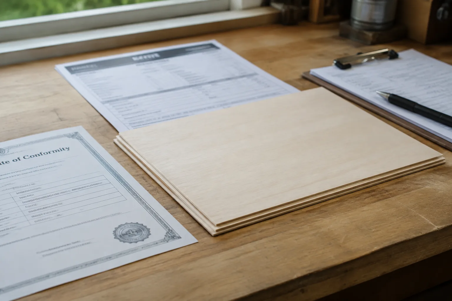 Small stack of pale basswood sheets on a workbench beside printed FSC certificate and supplier paperwork in natural daylight