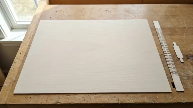 Single 3mm basswood sheet and thin living hinge samples on a calm workbench with visible wood grain running in one direction