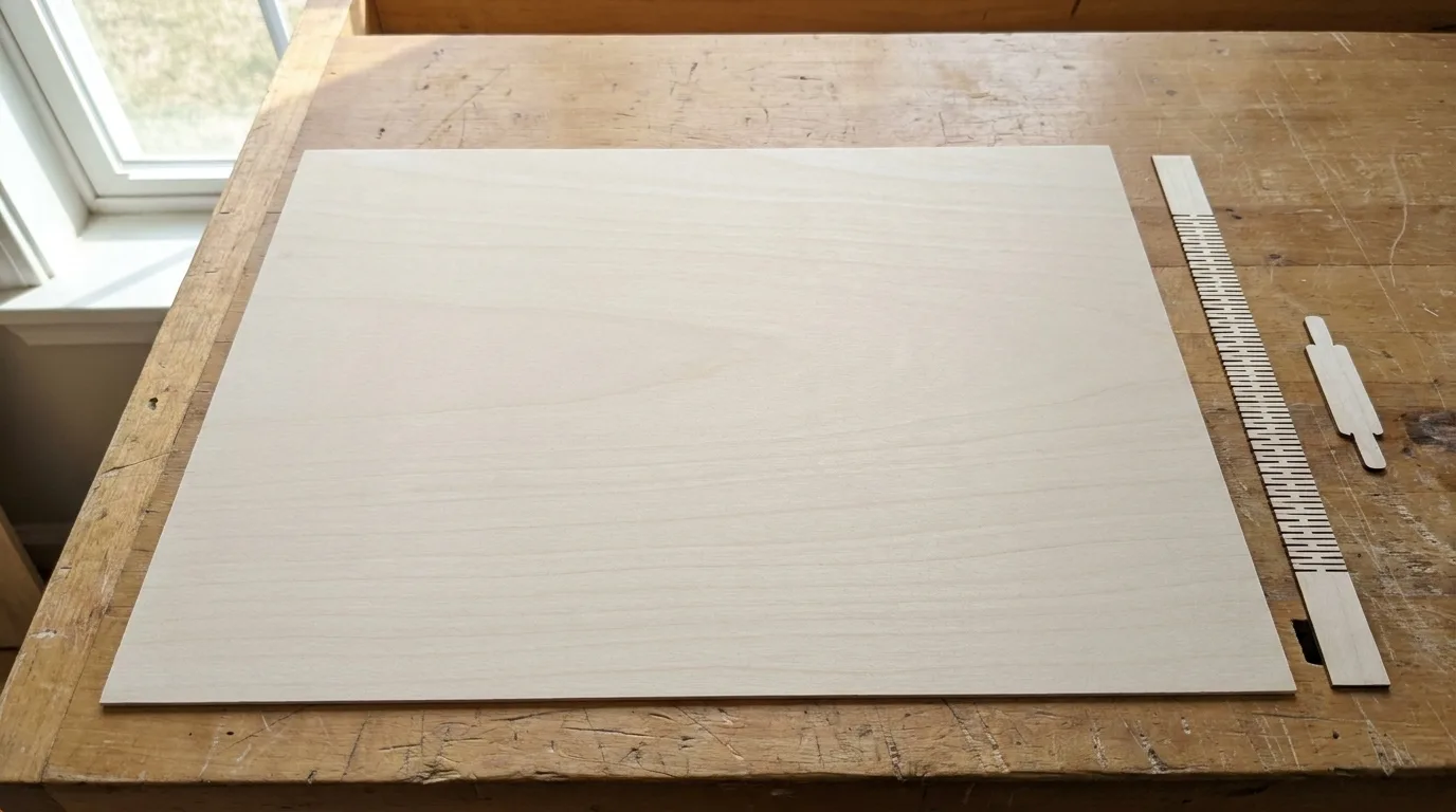 Single 3mm basswood sheet and thin living hinge samples on a calm workbench with visible wood grain running in one direction