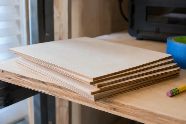 Small uneven stack of 3-ply, 3mm basswood plywood sheets with warm honey-brown laser-cut edges, resting on a workshop shelf next to a laser cutter, acclimating before cutting