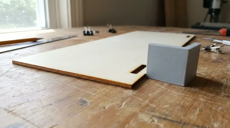 Laser-cut basswood enclosure panel test-fitted next to a 3D-printed bracket on a workshop table