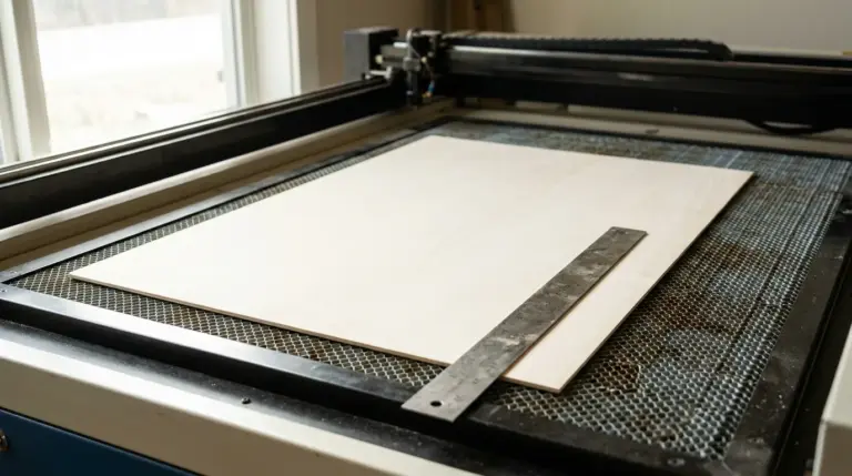 3mm basswood sheet laid flat on laser bed with straightedge checking for warp and level
