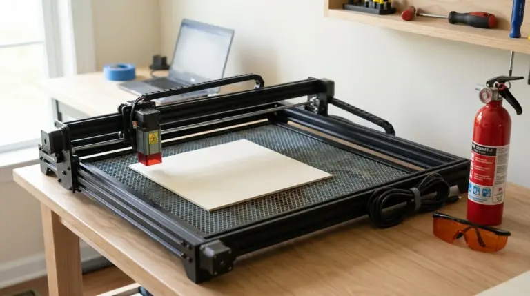 Tidy laser cutting workspace viewed from above with laser safety glasses and a small fire extinguisher beside a laser cutter loaded with a basswood sheet