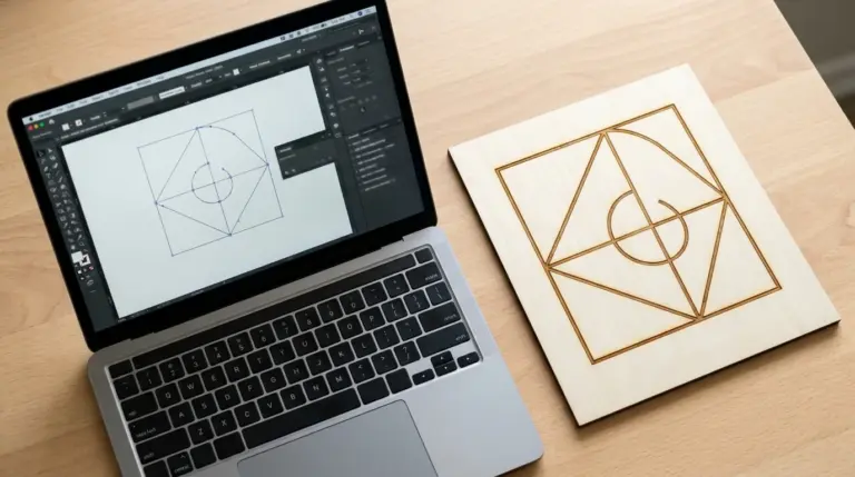 Laptop displaying vector design software with a path-based design on screen, positioned next to a finished laser-cut and engraved basswood piece matching that design, on a clean workshop table