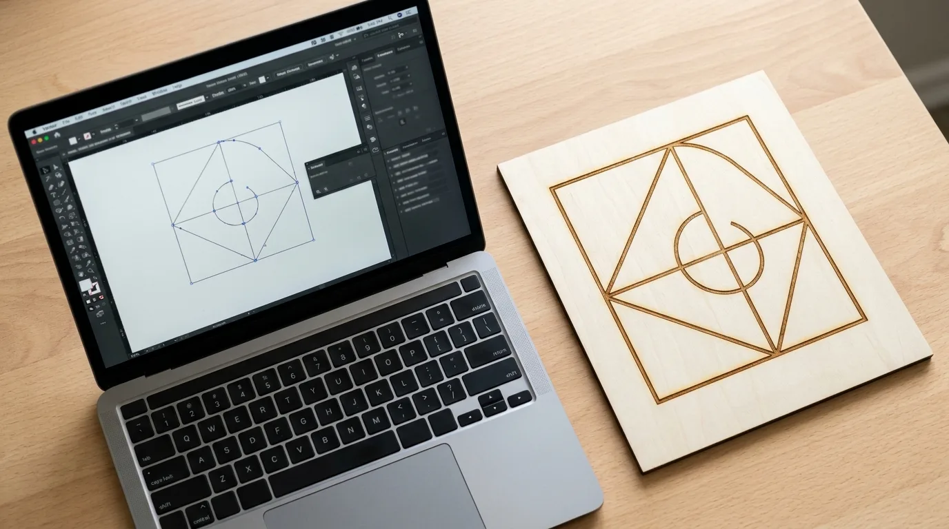 Laptop displaying vector design software with a path-based design on screen, positioned next to a finished laser-cut and engraved basswood piece matching that design, on a clean workshop table