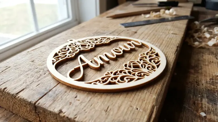Close-up of finished laser-cut basswood piece with fine filigree and delicate lettering showing thin details intact on workshop table