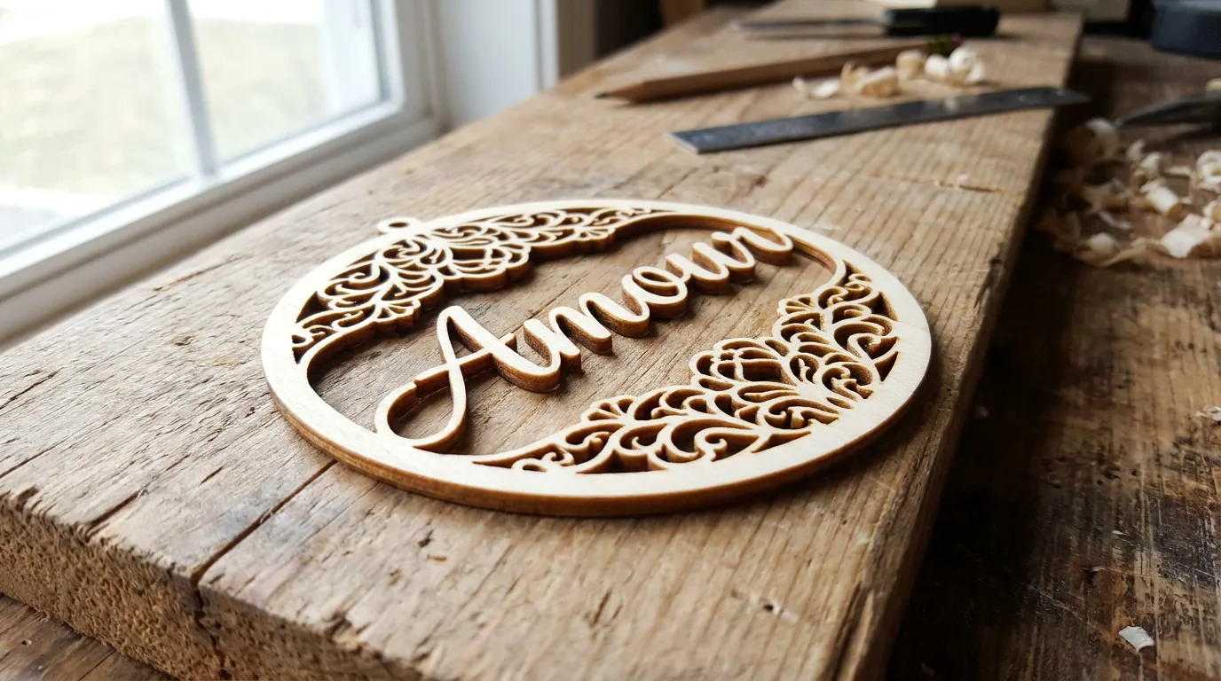 Close-up of finished laser-cut basswood piece with fine filigree and delicate lettering showing thin details intact on workshop table