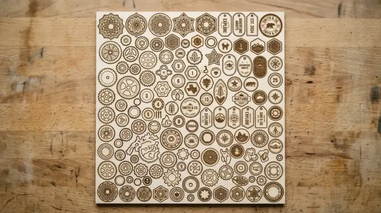 Flat lay of a 12x12 basswood sheet with a tightly nested layout of multiple different laser-cut part shapes visible, packed efficiently with minimal wasted space around the edges