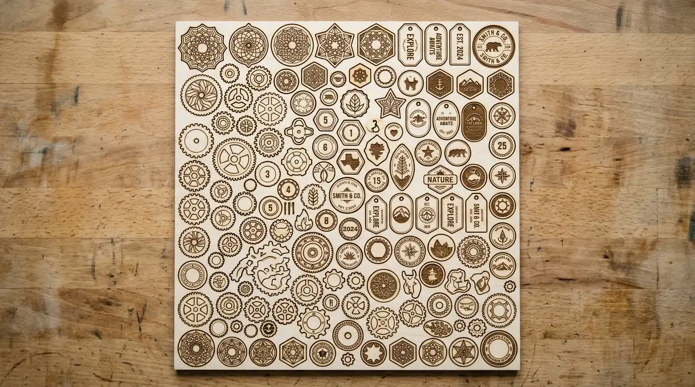 Flat lay of a 12x12 basswood sheet with a tightly nested layout of multiple different laser-cut part shapes visible, packed efficiently with minimal wasted space around the edges