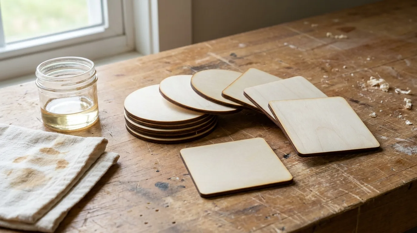 Small set of finished and sealed laser-cut basswood coasters on a workbench beside a small jar of finish and a soft cloth in natural daylight