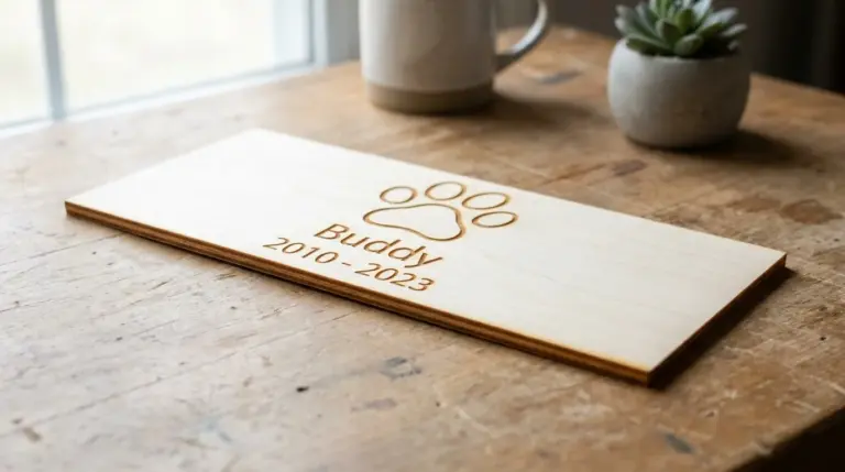 Engraved pet memorial plaque with paw print outline and pet's name and dates on light basswood, resting on a wooden table
