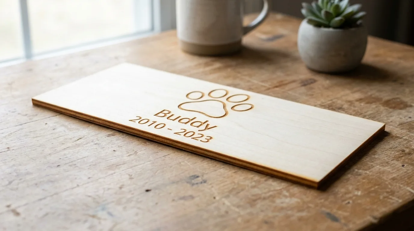 Engraved pet memorial plaque with paw print outline and pet's name and dates on light basswood, resting on a wooden table