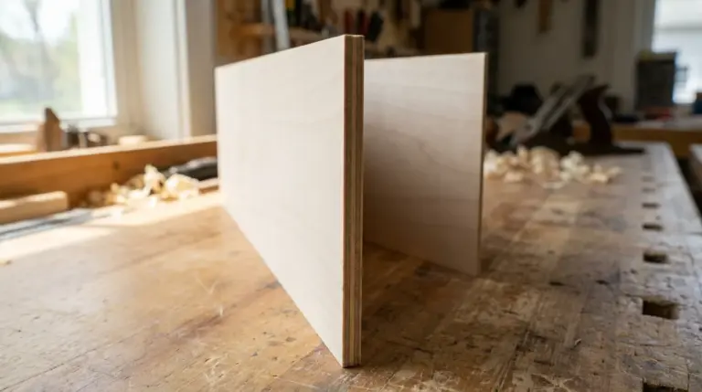 Single 3mm basswood plywood sheet standing on edge showing three thin layers (face, core, face) separated by hairline glue lines, second sheet blurred behind