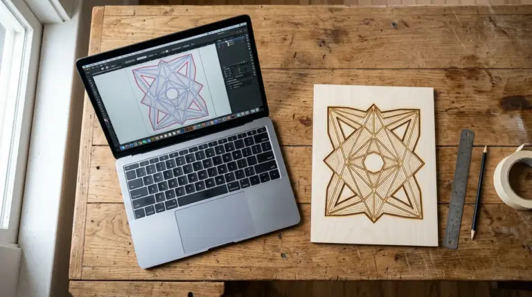 Laptop screen showing a vector file with clearly color-coded layers next to a finished basswood piece showing the same cut-and-engraved result