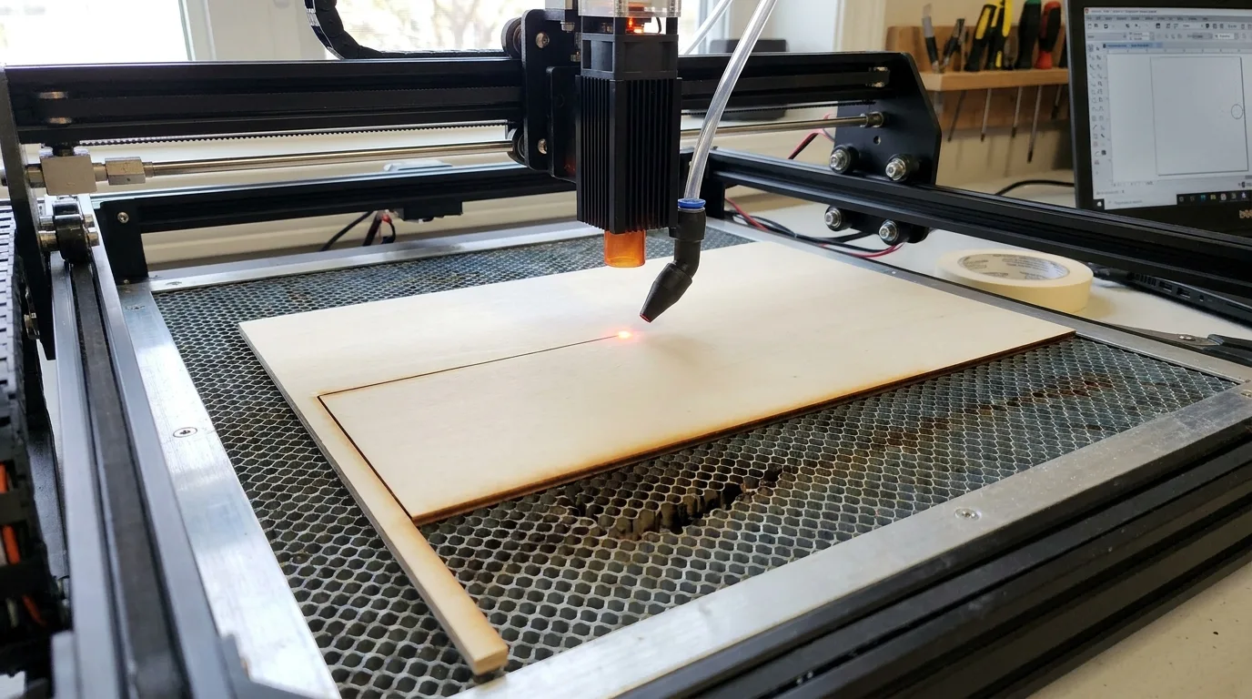 Open-frame diode laser mid-job cutting a thin, clean line into pale basswood on a honeycomb downdraft bed - flat surface stays undamaged, no smoke, caramel color only on the separated piece's cut edge