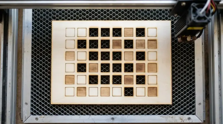 Diode laser cutting a grid of test squares with varying speed and power into a 3mm basswood sheet