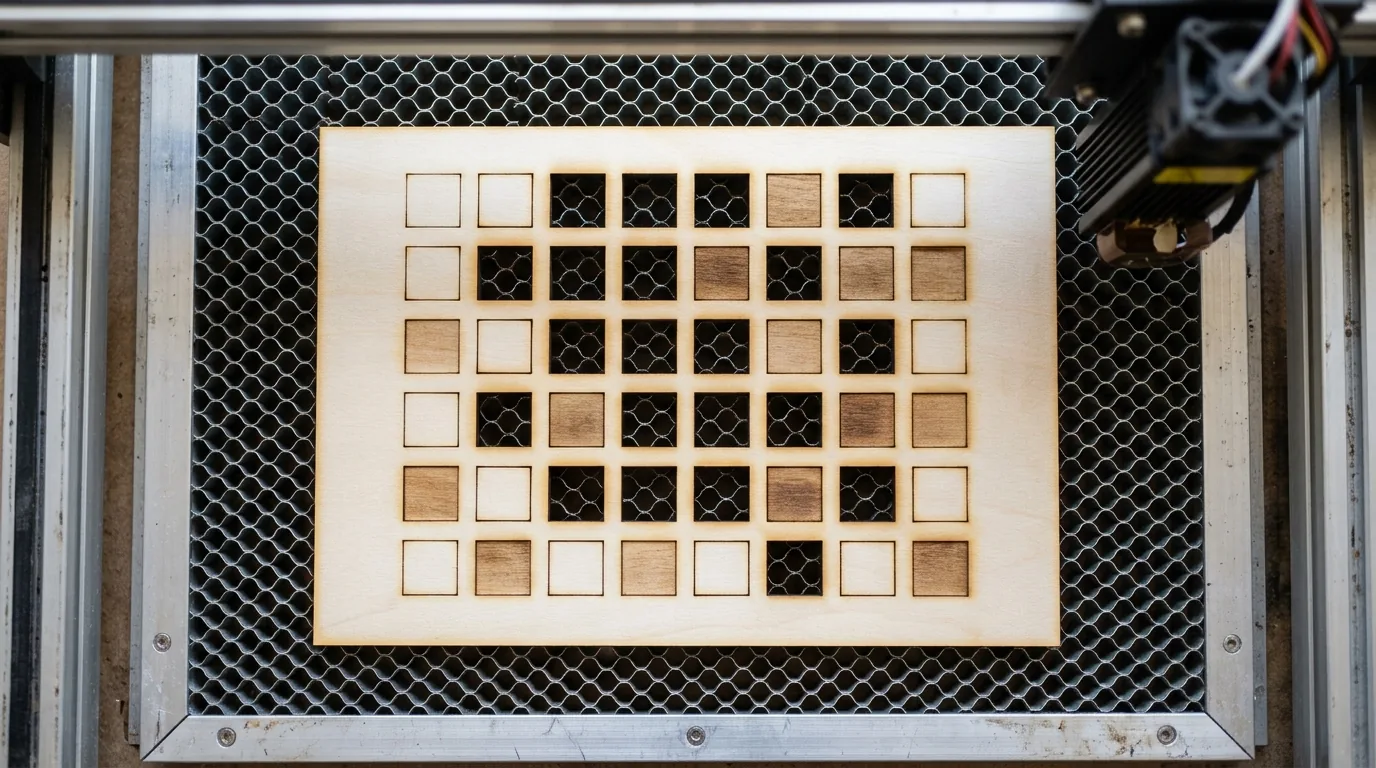Diode laser cutting a grid of test squares with varying speed and power into a 3mm basswood sheet
