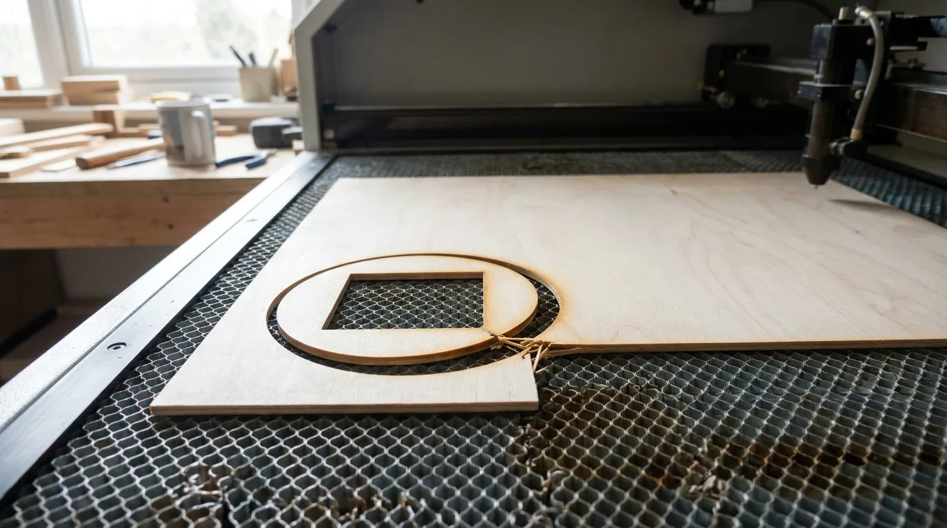 3mm basswood piece on laser bed with a small uncut connecting web still holding one corner