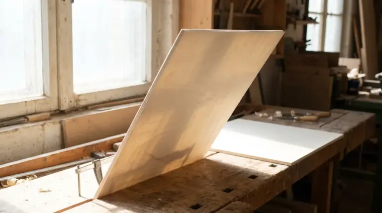 3mm basswood plywood sheet held at an angle toward window light on a workbench for void inspection