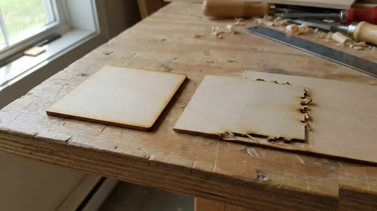 Two 50mm test-cut squares in 3mm basswood side by side on a workshop table, one with a clean edge and one with a rough incomplete edge, for wood vs machine diagnosis
