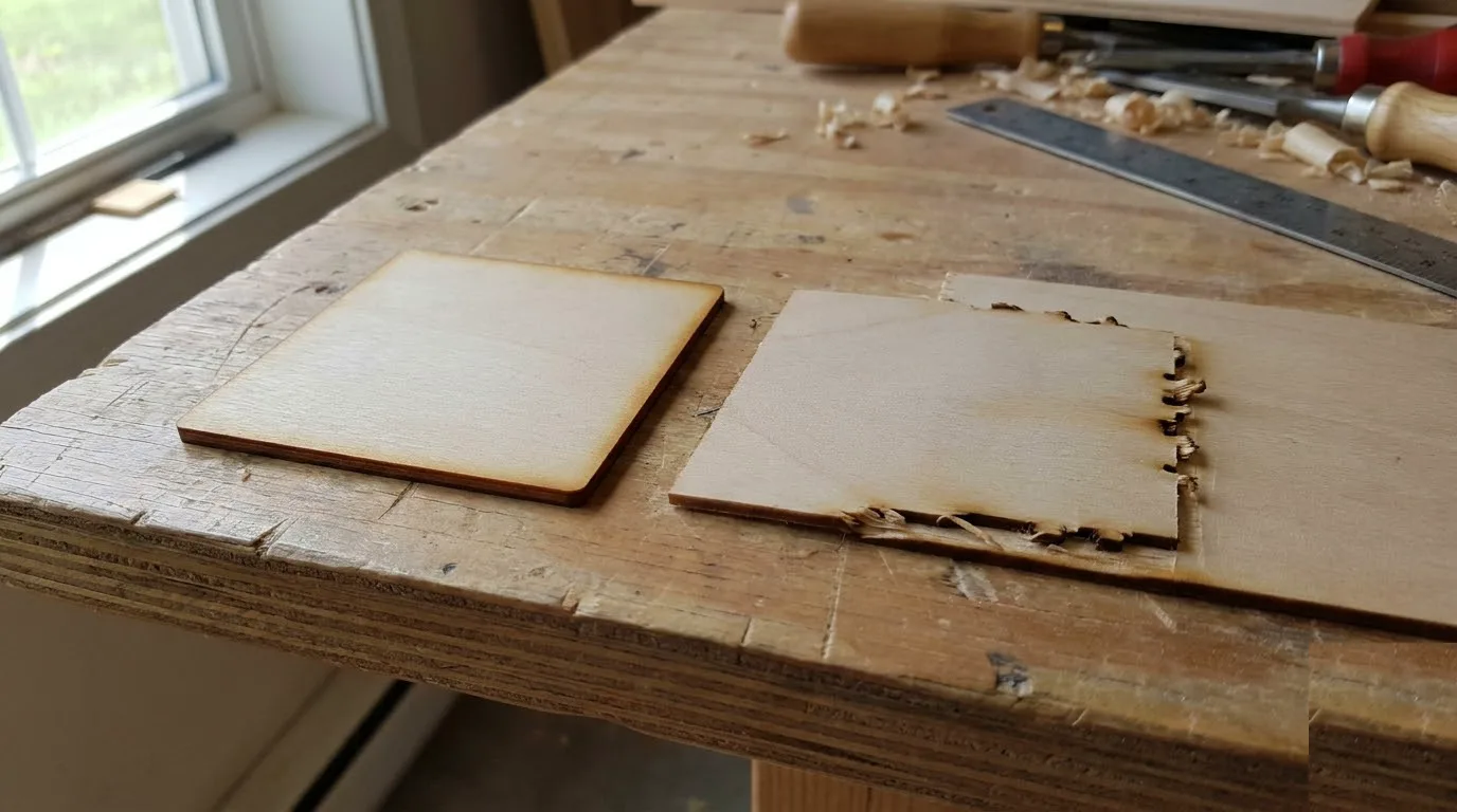 Two 50mm test-cut squares in 3mm basswood side by side on a workshop table, one with a clean edge and one with a rough incomplete edge, for wood vs machine diagnosis