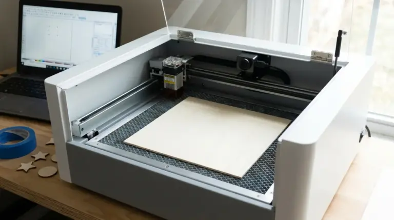 xTool M2 enclosed camera-equipped desktop laser with a 3mm basswood sheet loaded inside and swappable module head visible