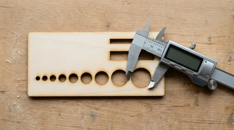 Laser-cut basswood calibration test plate with row of progressively sized circular holes and rectangular slots, digital calipers measuring one slot opening