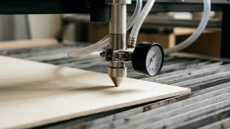 Laser cutter nozzle and air assist tubing positioned above a 3mm basswood sheet, with a small handheld pressure gauge held near the nozzle tip to measure actual airflow at the head rather than the compressor reading