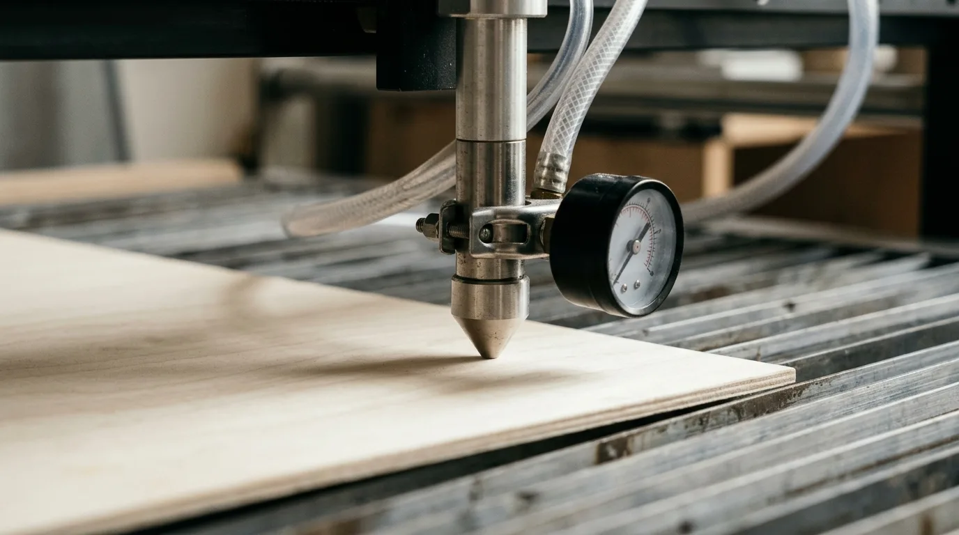 Laser cutter nozzle and air assist tubing positioned above a 3mm basswood sheet, with a small handheld pressure gauge held near the nozzle tip to measure actual airflow at the head rather than the compressor reading