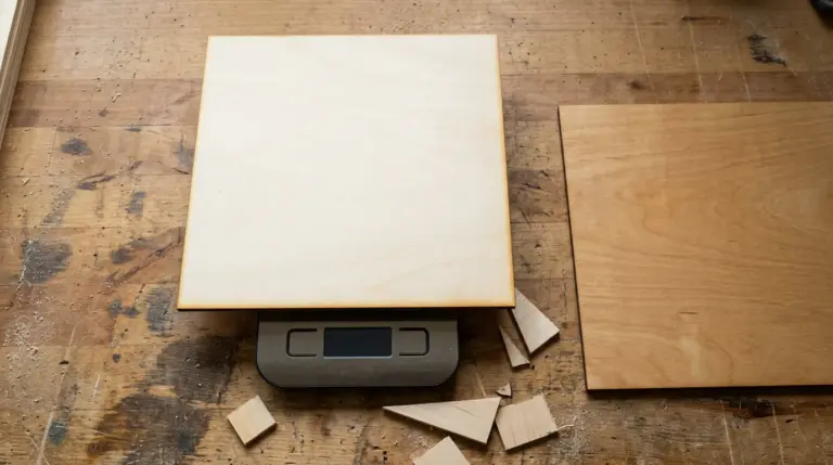 12x12 inch basswood sheet on digital kitchen scale showing weight next to heavier birch plywood sheet for density comparison