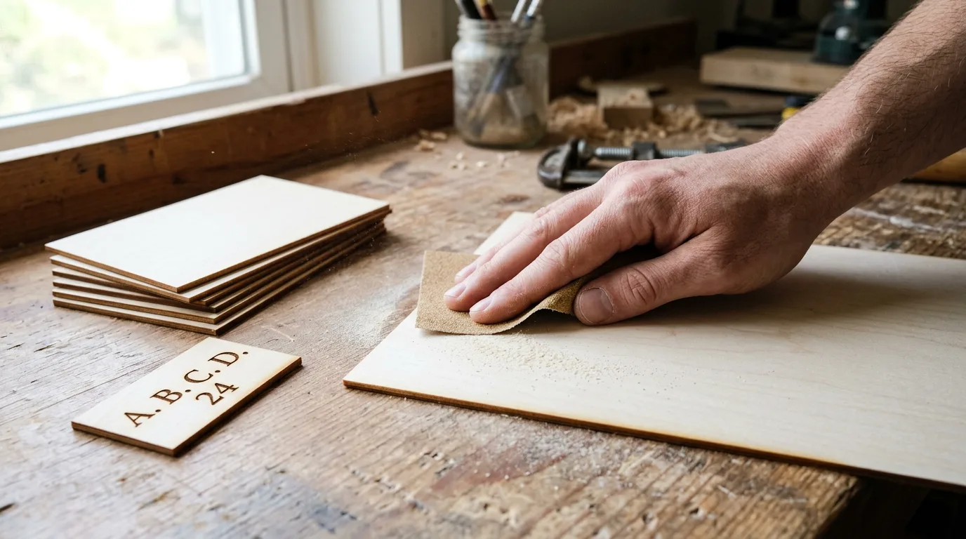 Hand sanding a pale basswood sheet with 220 grit sandpaper before laser engraving, fine wood dust visible on the surface