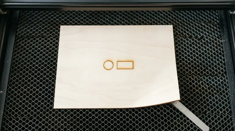 3mm basswood sheet resting on a laser bed with a thin feeler gauge slid under one lifted corner, showing a subtle gap between the wood and the honeycomb surface that isn't visible from a normal angle