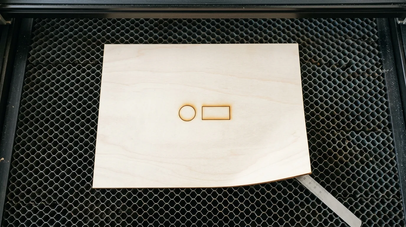 3mm basswood sheet resting on a laser bed with a thin feeler gauge slid under one lifted corner, showing a subtle gap between the wood and the honeycomb surface that isn't visible from a normal angle