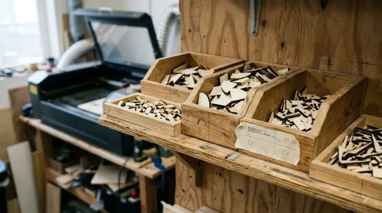 Small labeled bins and trays holding organized basswood offcut pieces of various sizes, sorted by dimension, on a workshop shelf next to a laser cutter