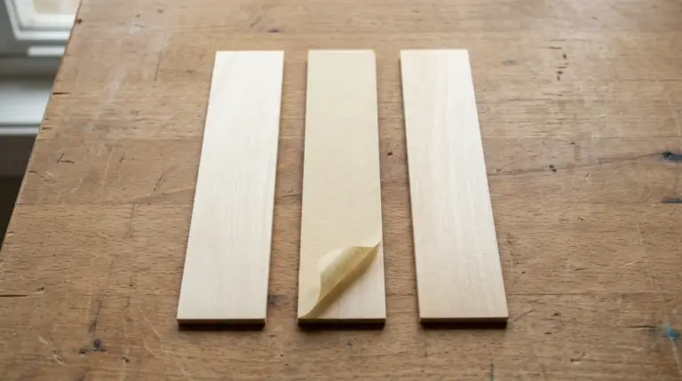 Three basswood sheet samples side by side showing different pre-engrave surface treatments - one with low-tack masking tape partially peeled back, one with a thin clear sealer coat, and one bare untreated sheet for comparison