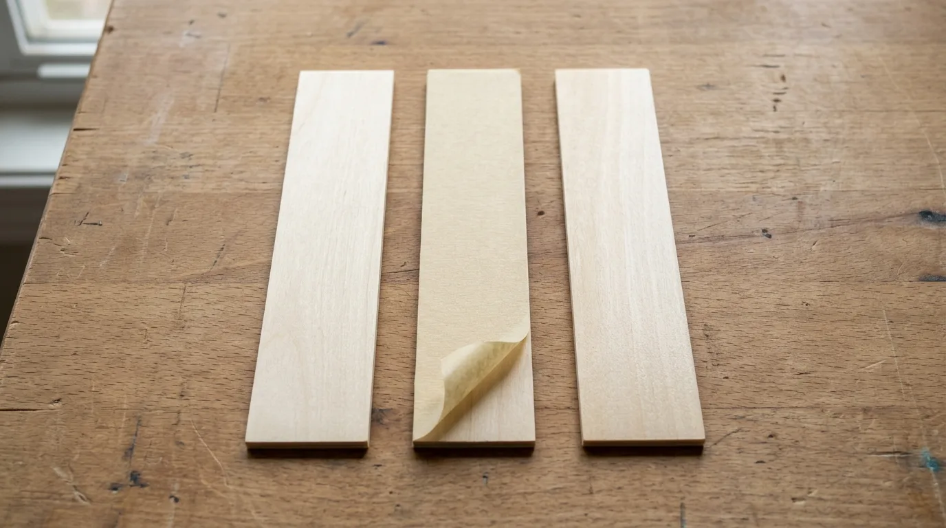 Three basswood sheet samples side by side showing different pre-engrave surface treatments - one with low-tack masking tape partially peeled back, one with a thin clear sealer coat, and one bare untreated sheet for comparison