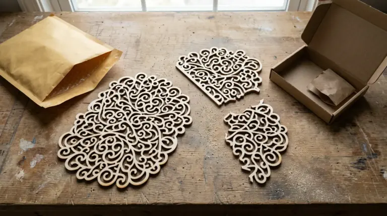 Laser-cut basswood filigree panels with an intact panel and one broken at a snapped thin bridge, next to a soft padded envelope and a rigid mailer box