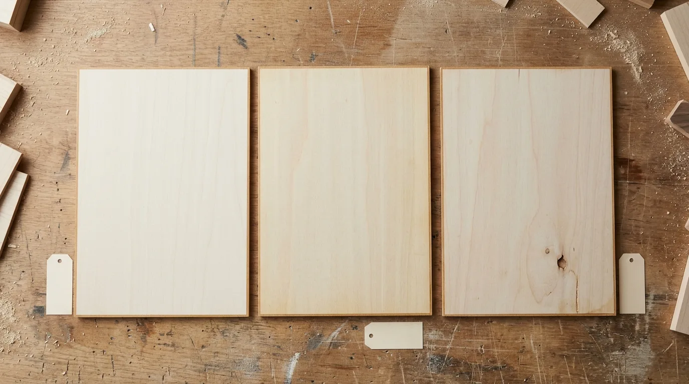 Sample basswood sheets from different suppliers laid side by side on a workbench for quality comparison
