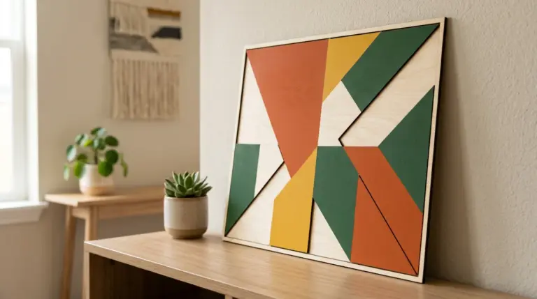 Laser-cut basswood wall art panel with bold color-blocked geometric shapes in saturated paint colors, showing crisp painted edges alongside sections of exposed natural pale wood grain