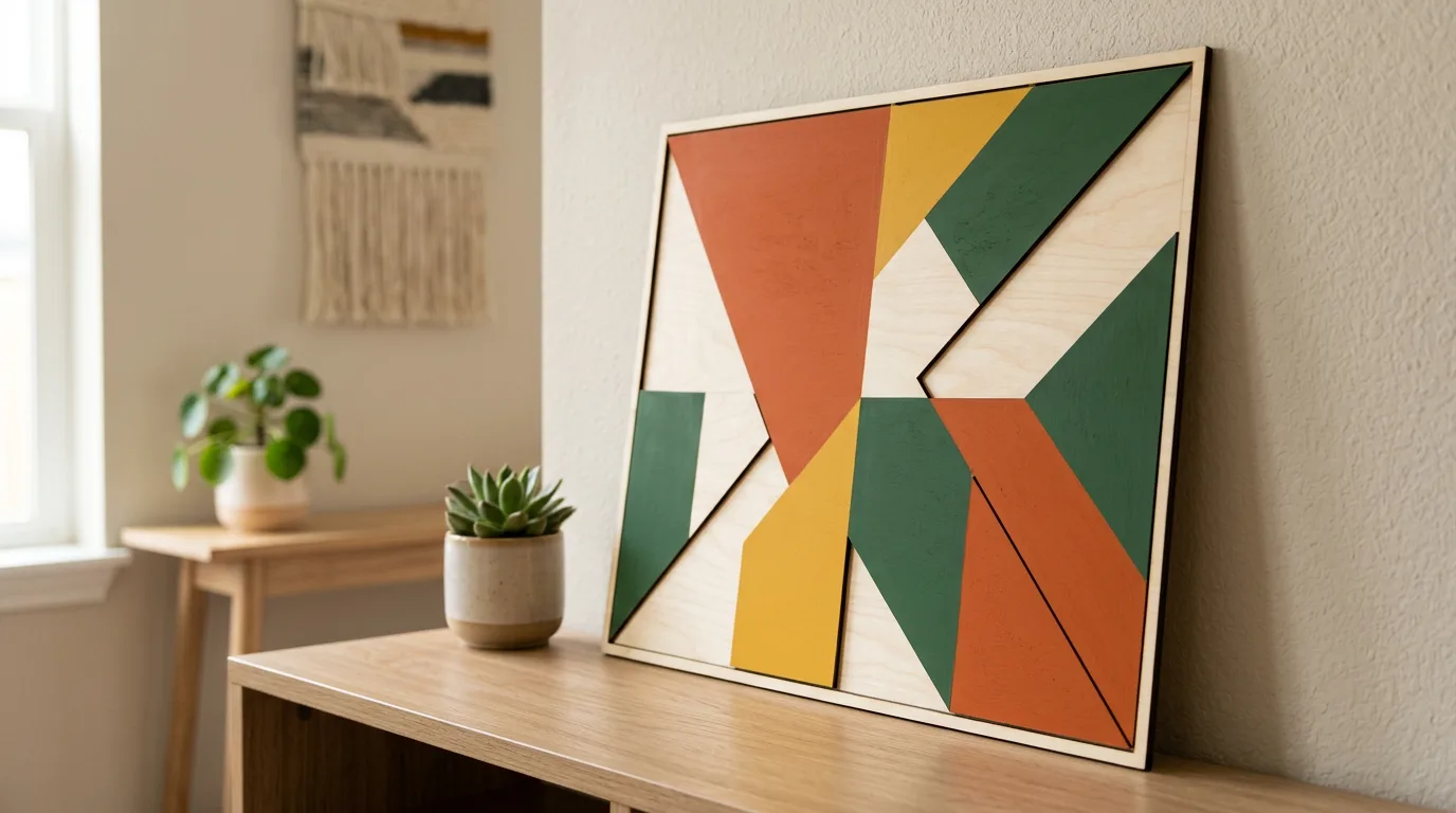 Laser-cut basswood wall art panel with bold color-blocked geometric shapes in saturated paint colors, showing crisp painted edges alongside sections of exposed natural pale wood grain