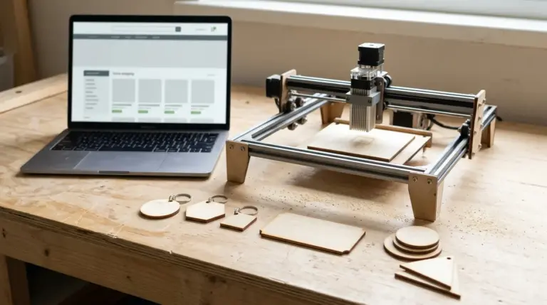 Small home workbench with a laptop open to an Etsy shop dashboard, a handful of simple laser-cut basswood keychains and a name sign laid out beside a diode laser cutter